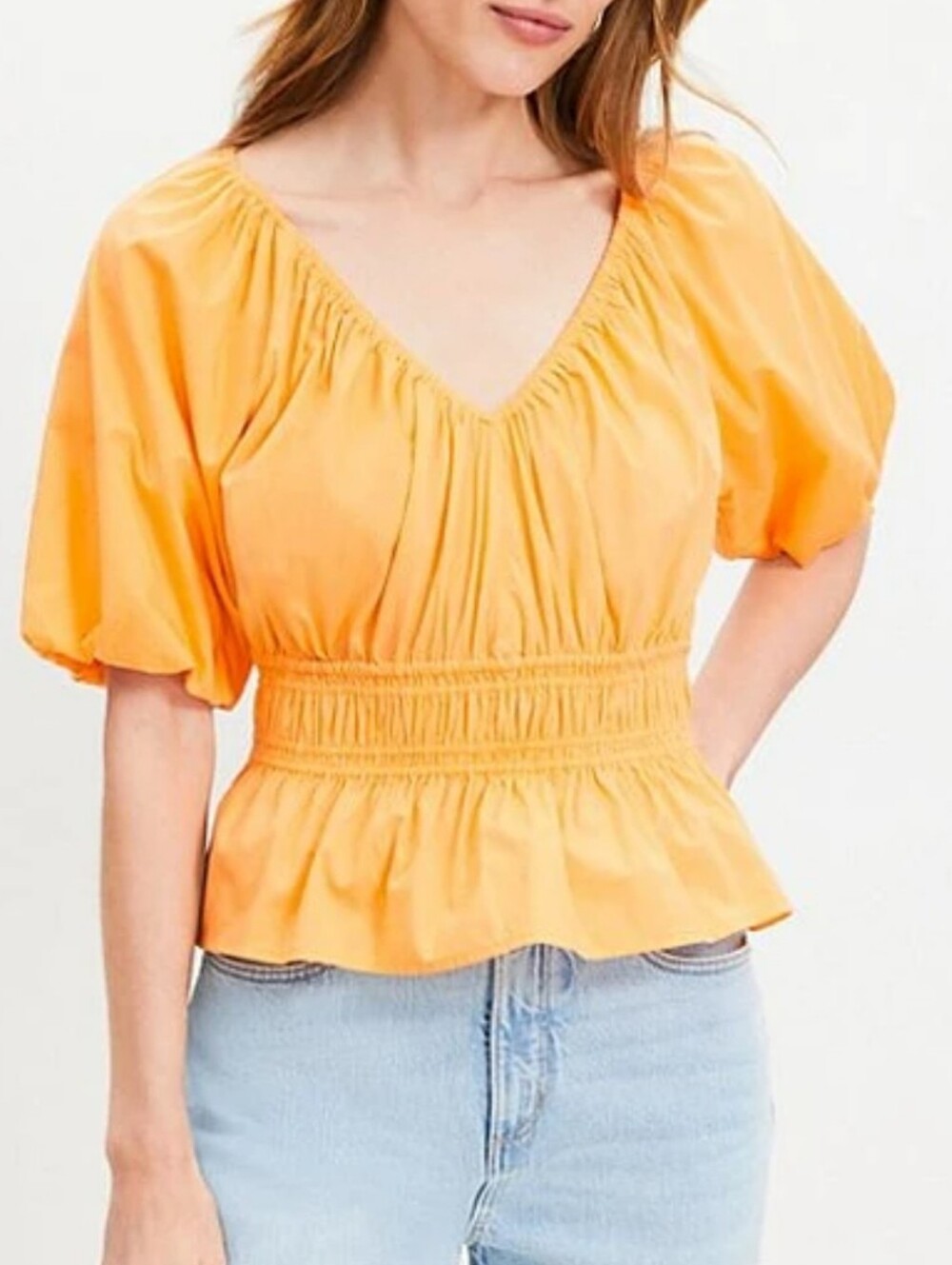 LOFT Pastel Orange Gathered-Waist V-Neck Pemplum Puff Sleeve Blouse